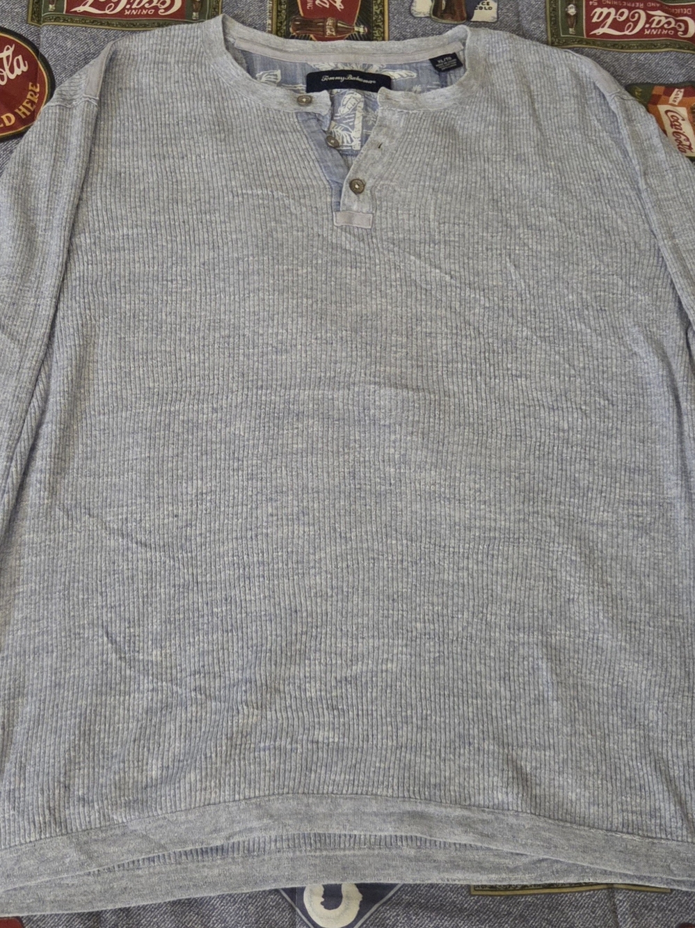 Tommy Bahama Light Gray Ribbed Henley Long-Sleeve